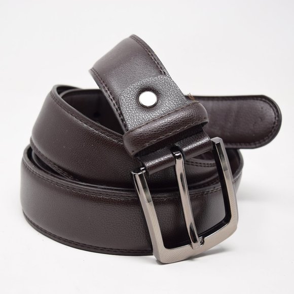 Faux Leather Belt Men 61 65 Brown Career Professional Silvertone Buckle Preppy - Picture 1 of 12